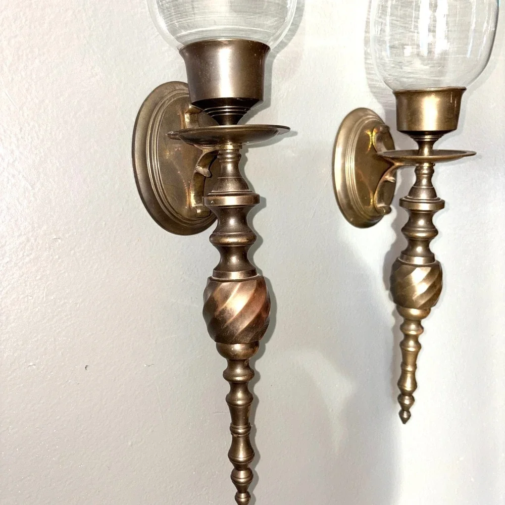 Pair of Vtg Antique Brass Hurricane Wall Sconces with Clear Glass Shades 18in